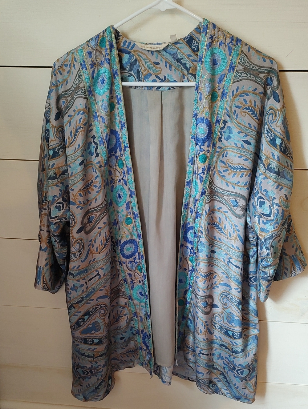 Soft Surroundings Blue and Teal Paisley Satin Kimono Robe. S/M